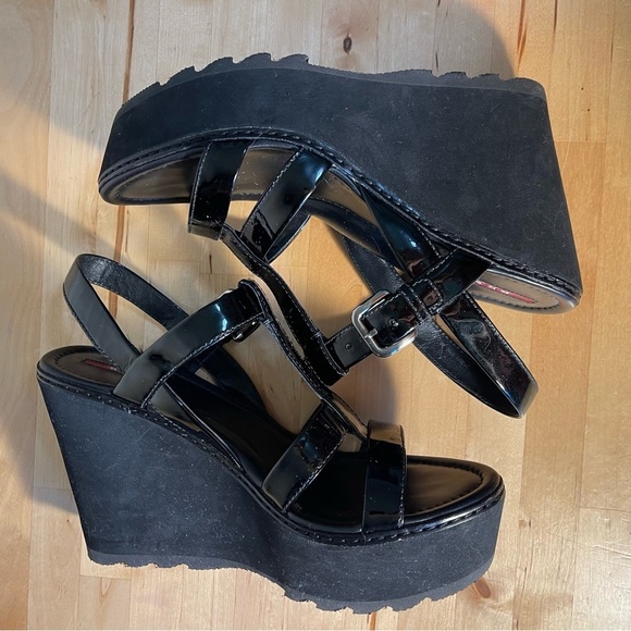 Prada Sport Black Patent Leather Wedge Platform Ankle Strap Sandals Size 39 - Picture 8 of 15